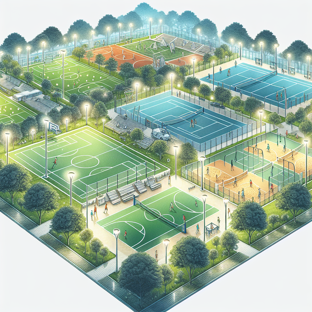 The multi-use sports facilities at Perrigo Park, perfectly lit for evening games, cater to athletes of all interests.